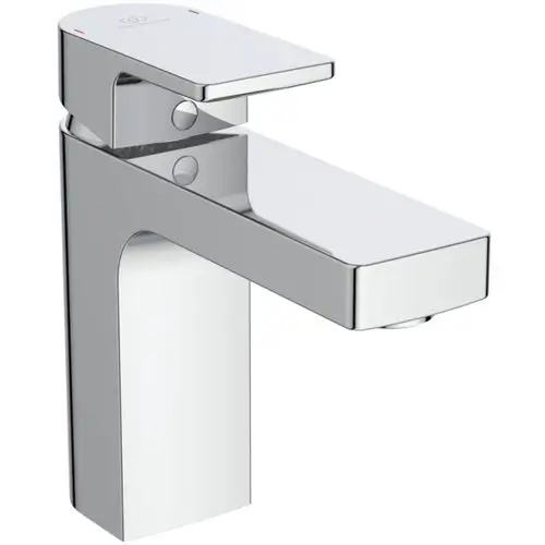 Waschtischarmatur mit einem geraden Auslauf und chromfarbener Oberfläche von Ideal Standard. Kompakte Bauweise für Badezimmeranwendungen.